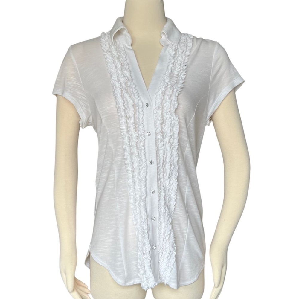 INC International Concepts White Ruffle Front Blouse With Rhinestone Buttons NWT